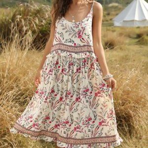Ruffle Waist Adjustable Strap Floral Flowy Midi Dress
